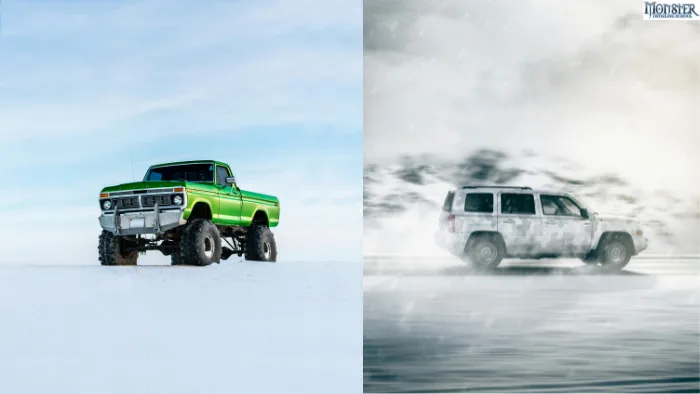 two vinyl wrapped jeeps in snow