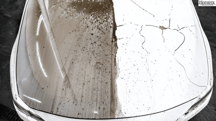 White car hood showing effect after applying ceramic coating, One side without protection is dirty with mud and second is clean.