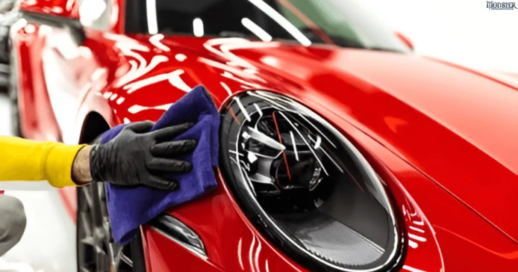 A person hand polishing a car.