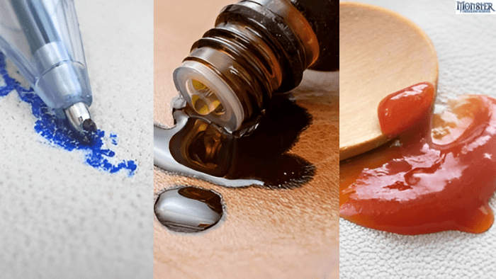 Oil, ink and ketchup stains on leather car seats.