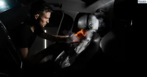 A man steam cleaning leather car seat.