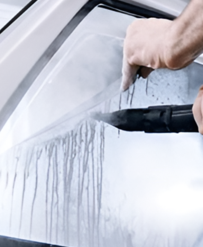 A person removing tint from car window.